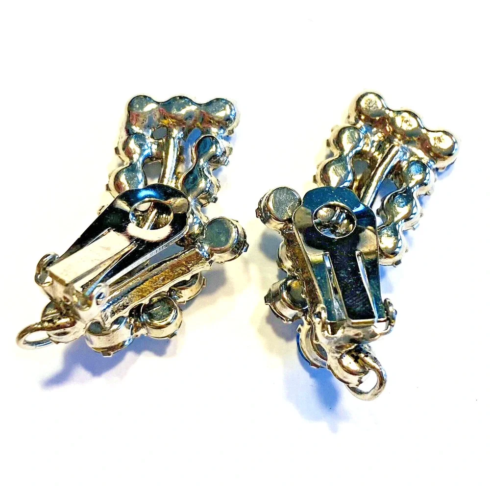 Vintage Clip On Earrings Silver & Light Blue Rhinestones Mid Century Jewelry